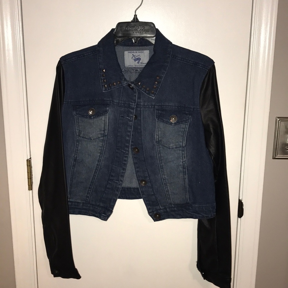 Denim Jacket with Leather Sleeves
